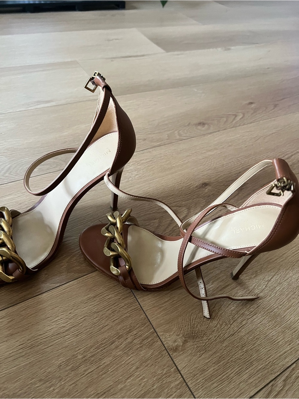 Michael Kors Brown Leather Chain-Detail Stiletto Sandals